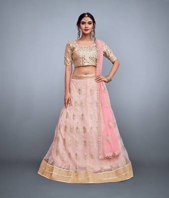 Seductive Baby Pink Zari And Sequins Embroidered Art Silk Semi Stitched Bridal Lehenga 2