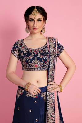 Alluring Navy Blue Embroidered Semi velvet Semi Stitched wedding Lehenga 4