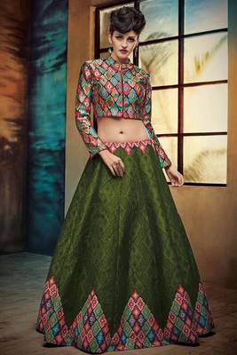 Green embroidered silk semi stitched lehenga 1
