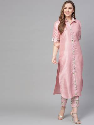Pink printed polyester kurti with trouser 1