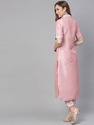 Pink printed polyester kurti with trouser 4