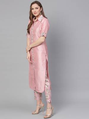 Pink printed polyester kurti with trouser 5