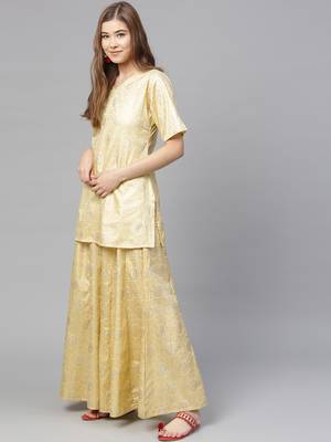 Yellow printed polyester kurti with palazzo and dupatta 4