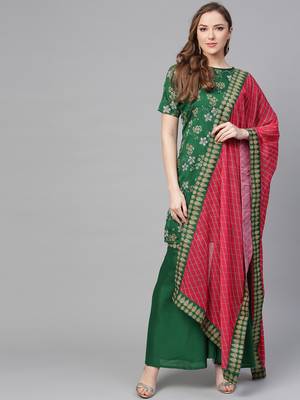 Green printed polyester kurti with palazzo and dupatta 1