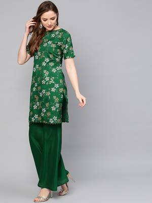 Green printed polyester kurti with palazzo and dupatta 4