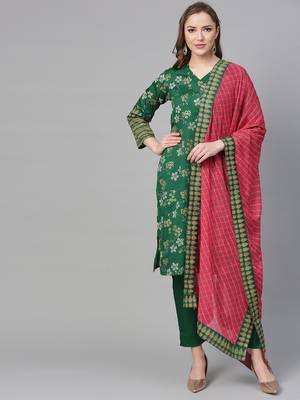 Green printed polyester kurti with trouser and dupatta 1