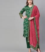 Green printed polyester kurti with trouser and dupatta