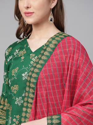 Green printed polyester kurti with trouser and dupatta 3