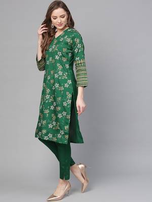 Green printed polyester kurti with trouser and dupatta 4