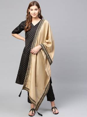 Black printed polyester kurti with trouser and dupatta 1
