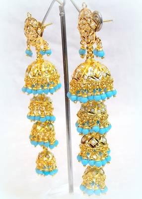 ETHNIC LONG Jadau PEARL FIROZA STUD JHUMKI EARRING 1