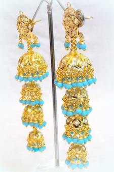 ETHNIC LONG Jadau PEARL FIROZA STUD JHUMKI EARRING