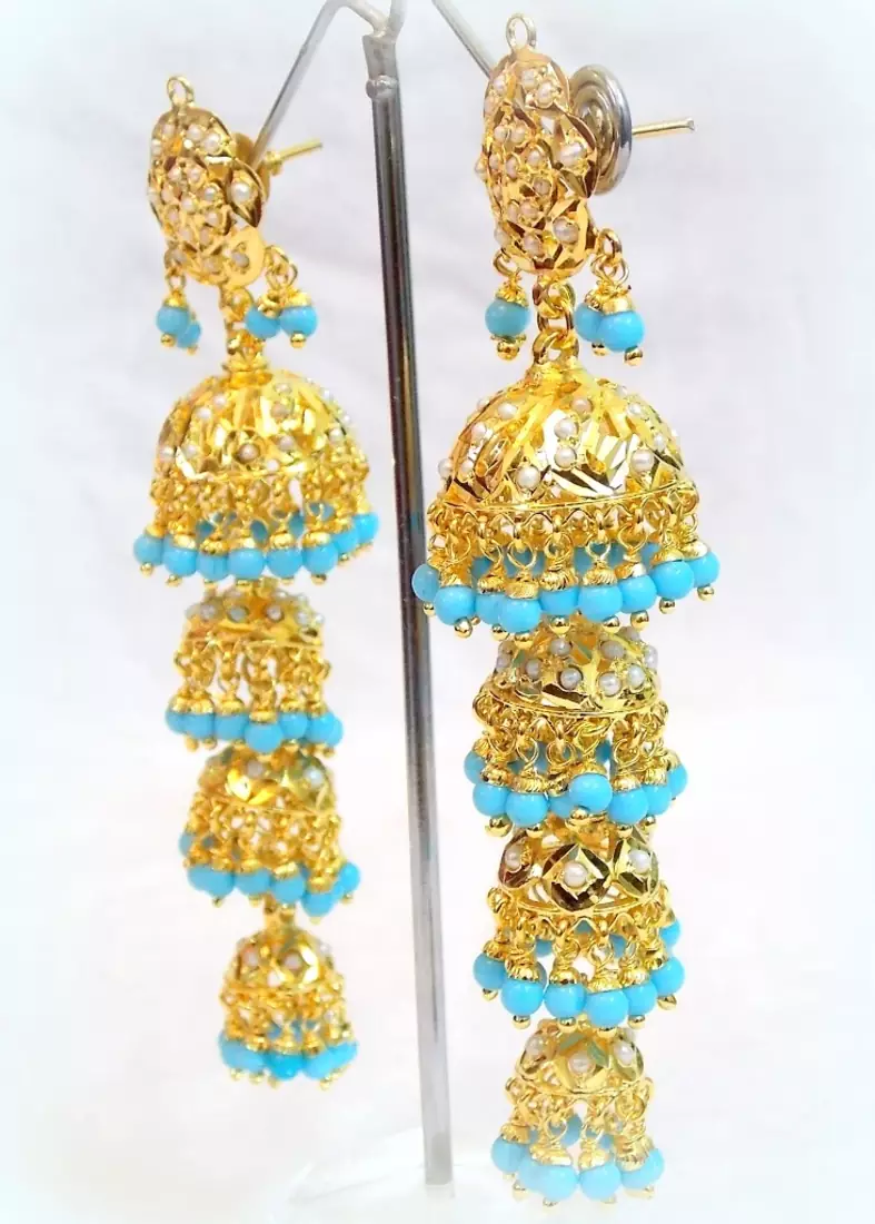 ETHNIC LONG Jadau PEARL FIROZA STUD JHUMKI EARRING