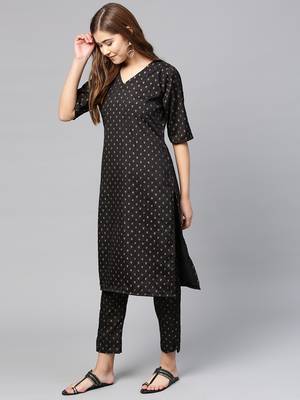 Black printed polyester kurti with trouser and dupatta 4