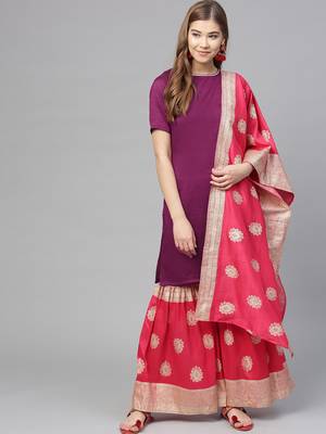 Purple plain polyester kurti with gharara bottom and dupatta 1