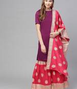 Purple plain polyester kurti with gharara bottom and dupatta