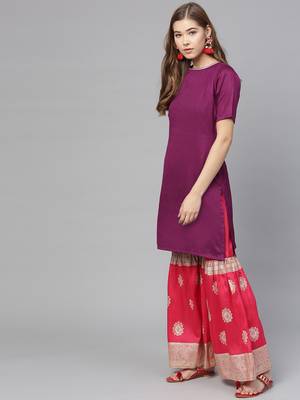 Purple plain polyester kurti with gharara bottom and dupatta 4