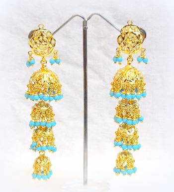 ETHNIC LONG Jadau PEARL FIROZA STUD JHUMKI EARRING 2