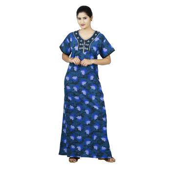Blue colour Leave Design Printed Round Neck Poly Cotton Nighty For Ladies Nightwear 1