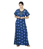 Blue colour Leave Design Printed Round Neck Poly Cotton Nighty For Ladies Nightwear