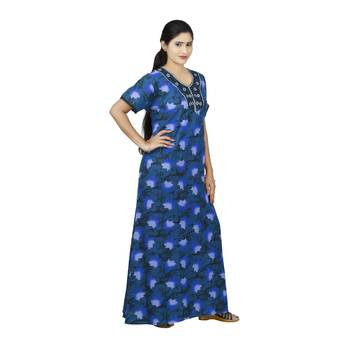 Blue colour Leave Design Printed Round Neck Poly Cotton Nighty For Ladies Nightwear 2