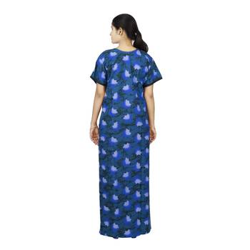Blue colour Leave Design Printed Round Neck Poly Cotton Nighty For Ladies Nightwear 3