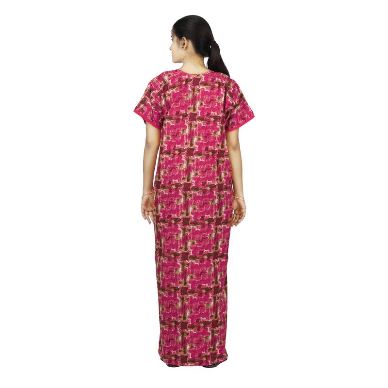 Pink colour Abstract Design Printed Square Neck Poly Cotton Nighty For Ladies Nightwear