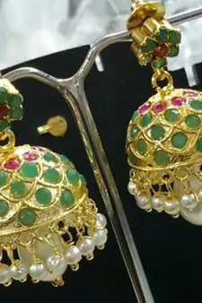 ETHNIC Jadau EMERALD RUBY PEARL STUD JHUMKI EARRING