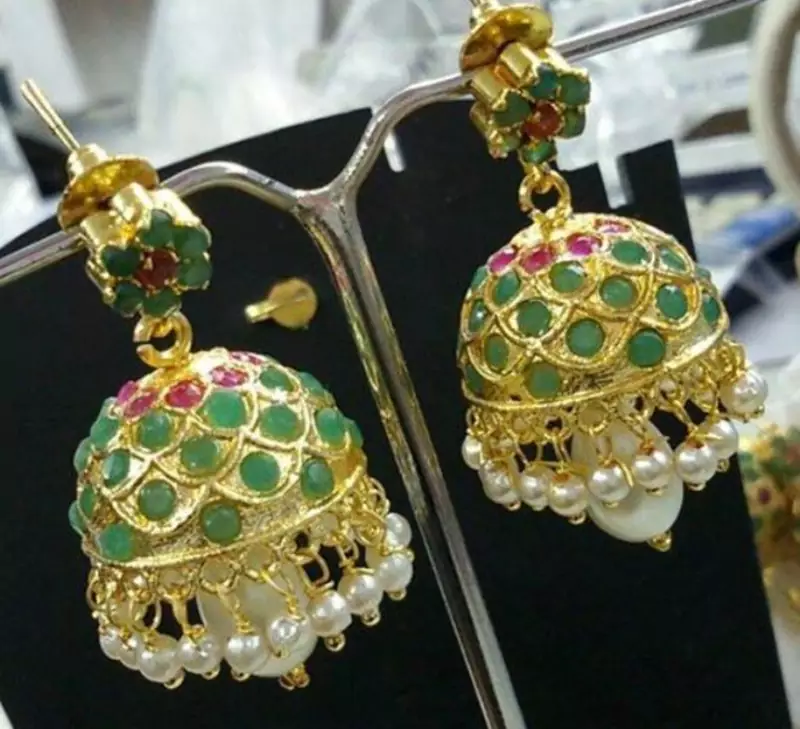 ETHNIC Jadau EMERALD RUBY PEARL STUD JHUMKI EARRING