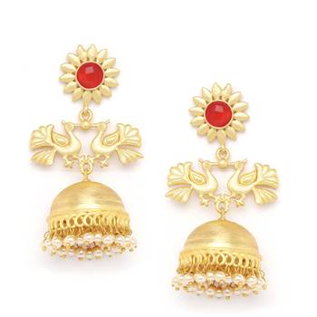 Designer Peacock gold plated high gloss golden Onyx Stone jhumka with pearl in bottom 1