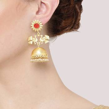 Designer Peacock gold plated high gloss golden Onyx Stone jhumka with pearl in bottom 3