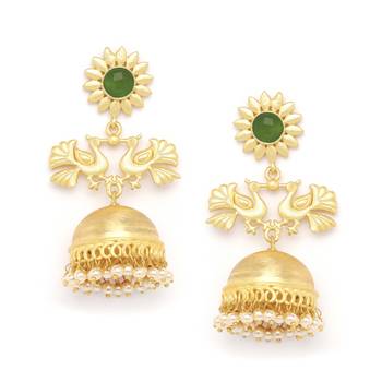 Designer Peacock gold plated high gloss golden Onyx Stone jhumka with pearl in bottom 1