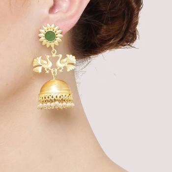 Designer Peacock gold plated high gloss golden Onyx Stone jhumka with pearl in bottom 3