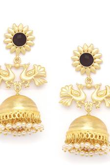 Designer Peacock gold plated high gloss golden Onyx Stone jhumka with pearl in bottom