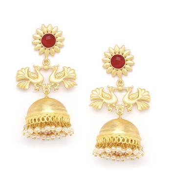 Designer Peacock gold plated high gloss golden Onyx Stone jhumka with pearl in bottom 1