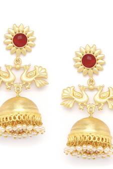 Designer Peacock gold plated high gloss golden Onyx Stone jhumka with pearl in bottom