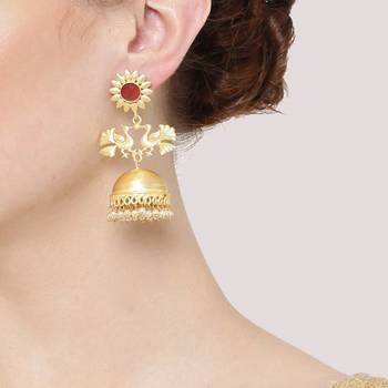 Designer Peacock gold plated high gloss golden Onyx Stone jhumka with pearl in bottom 3