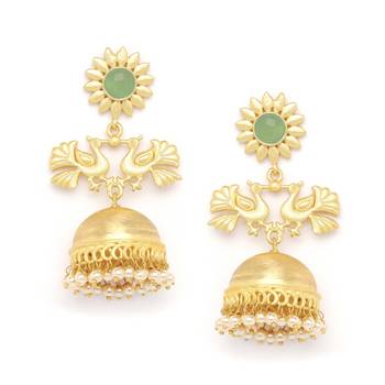 Designer Peacock gold plated high gloss golden Onyx Stone jhumka with pearl in bottom 1
