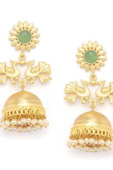 Designer Peacock gold plated high gloss golden Onyx Stone jhumka with pearl in bottom
