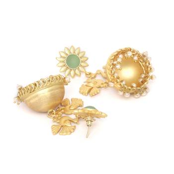 Designer Peacock gold plated high gloss golden Onyx Stone jhumka with pearl in bottom 2