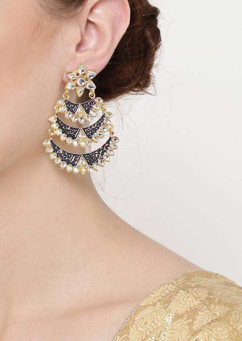 Designer Kundan Stone Dangler Floral Studs Earrings With Meenakari Work