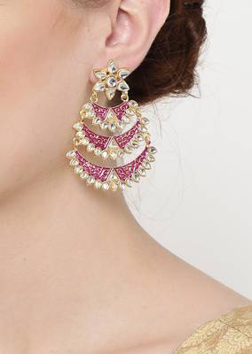 Designer Kundan Stone Dangler Floral Studs Earrings With Meenakari Work 3