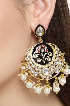 Designer Meenakari Kundan Stone Earrings with Pearl in Bottom