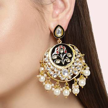 Designer Meenakari Kundan Stone Earrings with Pearl in Bottom 1