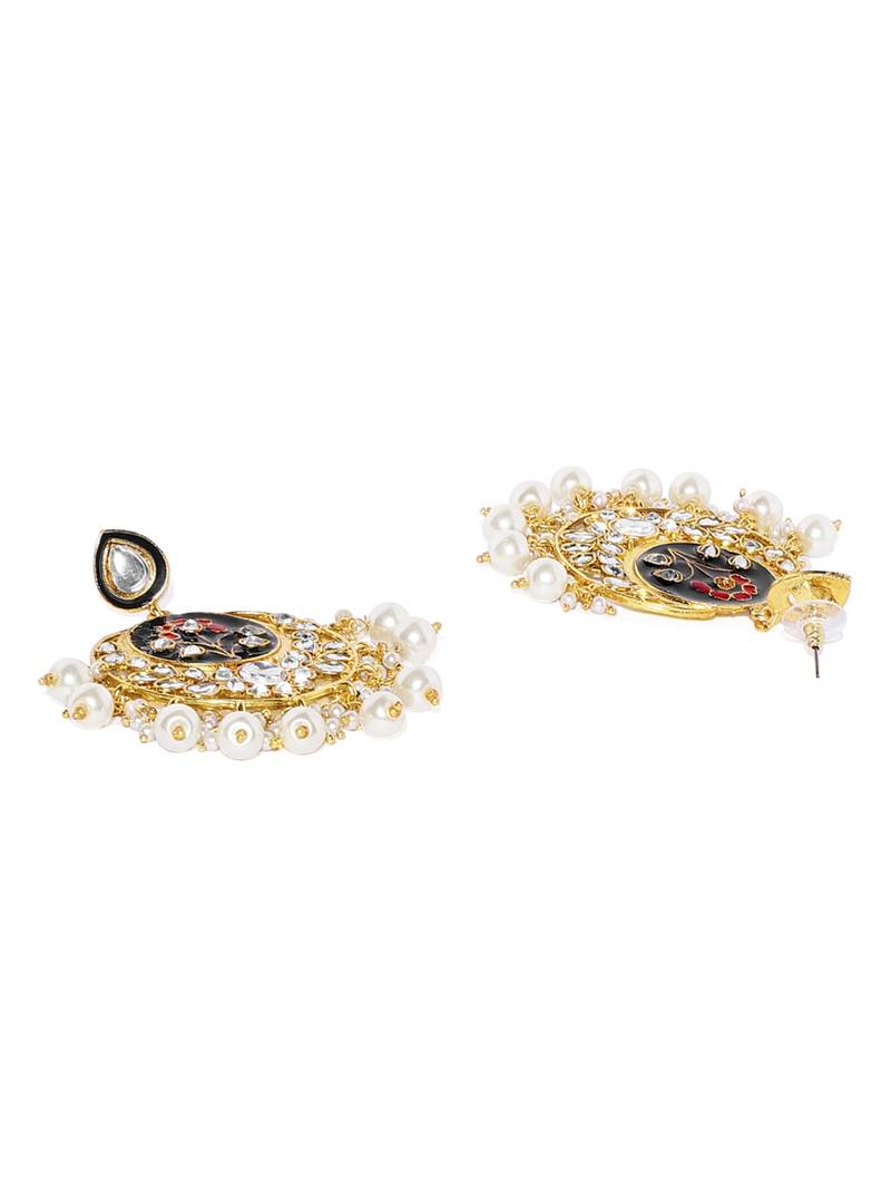 Designer Meenakari Kundan Stone Earrings with Pearl in Bottom