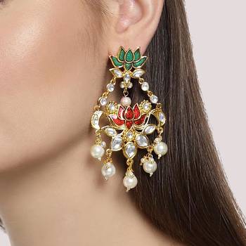 Designer Lotus Meenakari Trendy Kundan Stone Earrings with Pearls 2