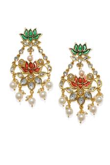 Designer Lotus Meenakari Trendy Kundan Stone Earrings with Pearls