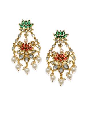 Designer Lotus Meenakari Trendy Kundan Stone Earrings with Pearls 1