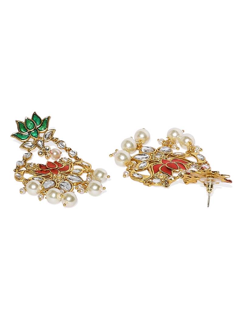 Designer Lotus Meenakari Trendy Kundan Stone Earrings with Pearls