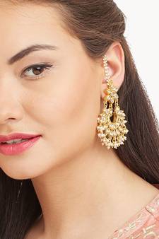 Designer Kudan Stone Floral Pearl Stone Chandbali Chandelier Earrings